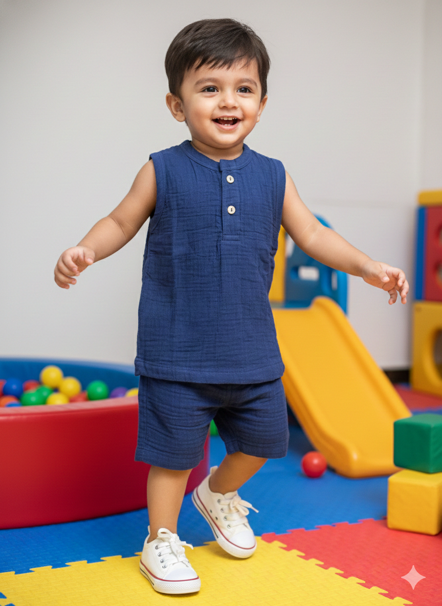 Unisex Solid Dark Blue Sleeveless Cords Sets