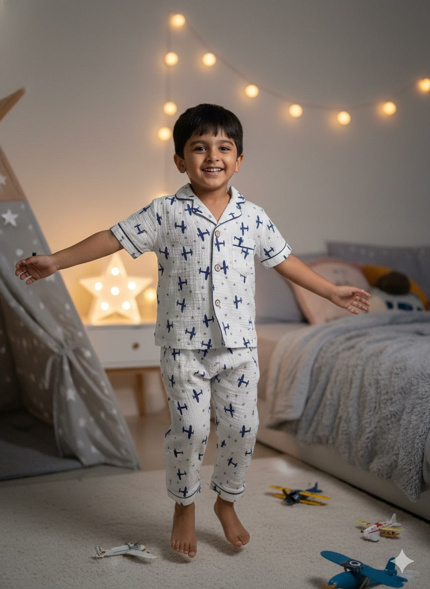 Unisex White and Blue Aeroplane Muslin Nightsuit