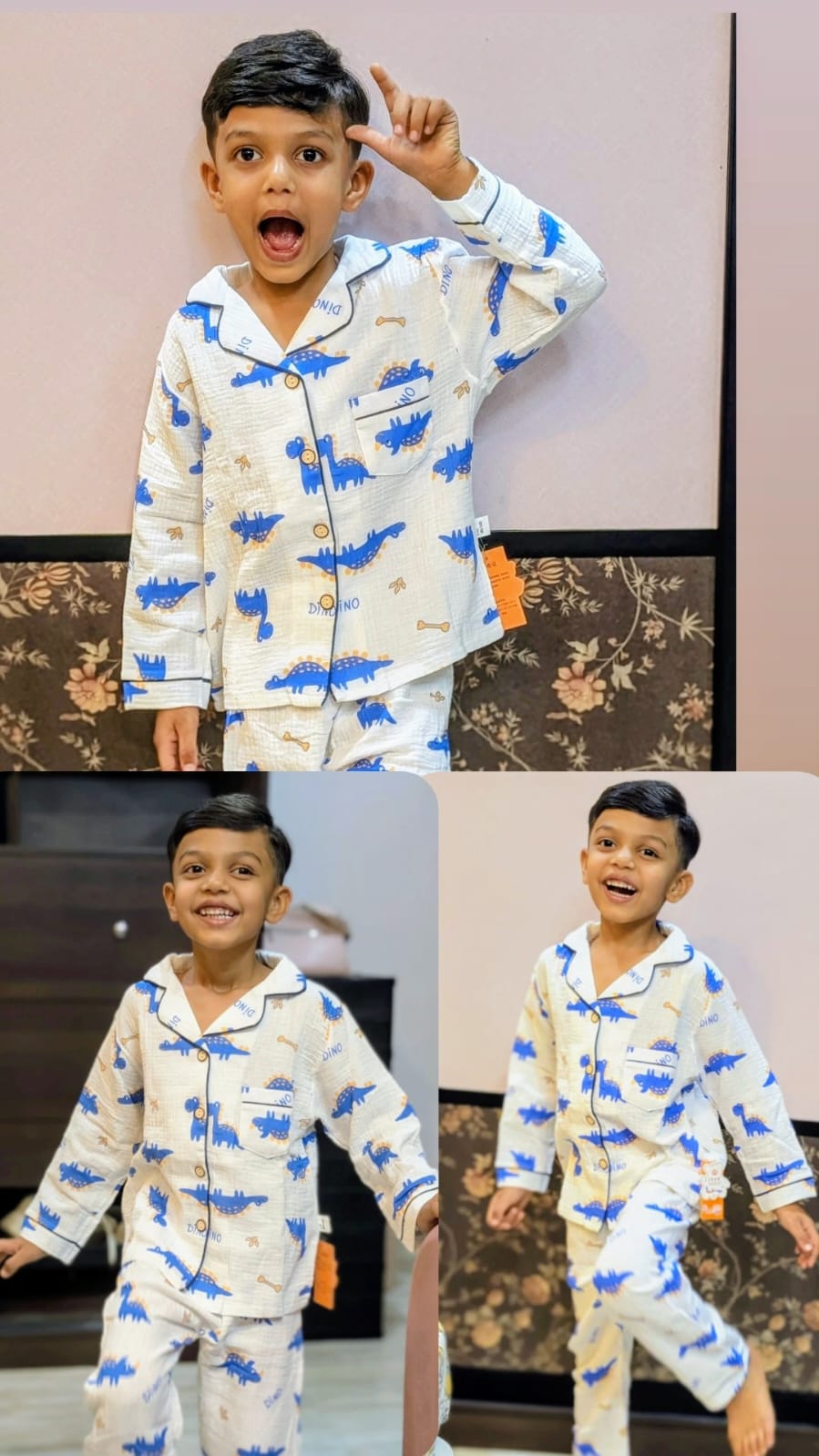 Unisex White and Blue Dino Muslin Nightsuit