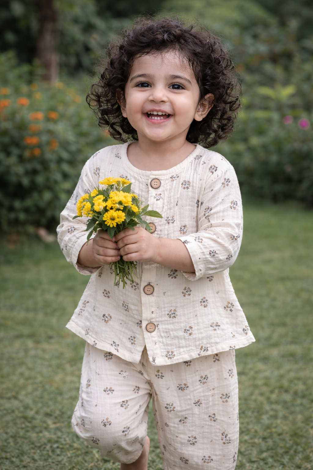 Unisex Brown Flower Leaf Muslin Nightsuit