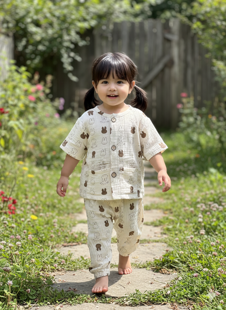 Unisex White and Brown Bunny Muslin Nightsuit