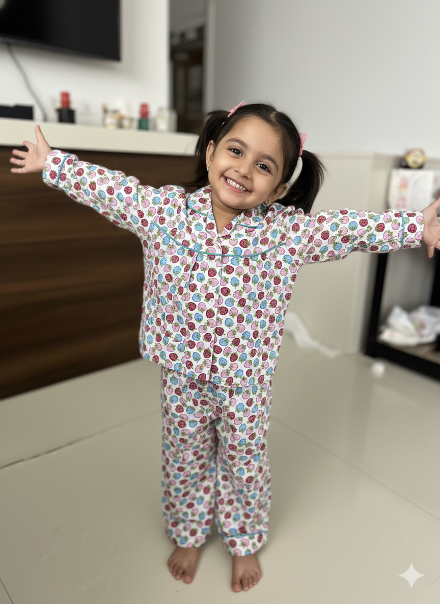 Unisex Strawberry Pink and Red Cotton Nightsuit