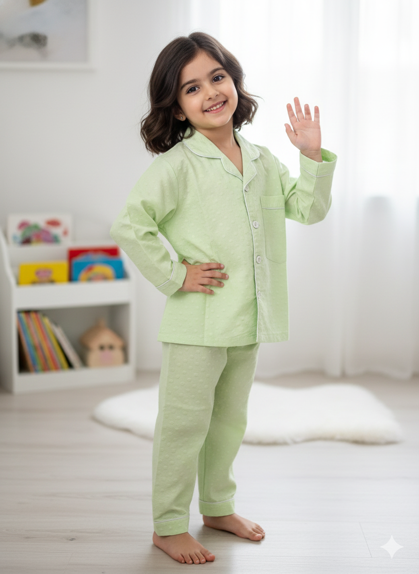 Unisex Green Self Print Cotton Nightsuit