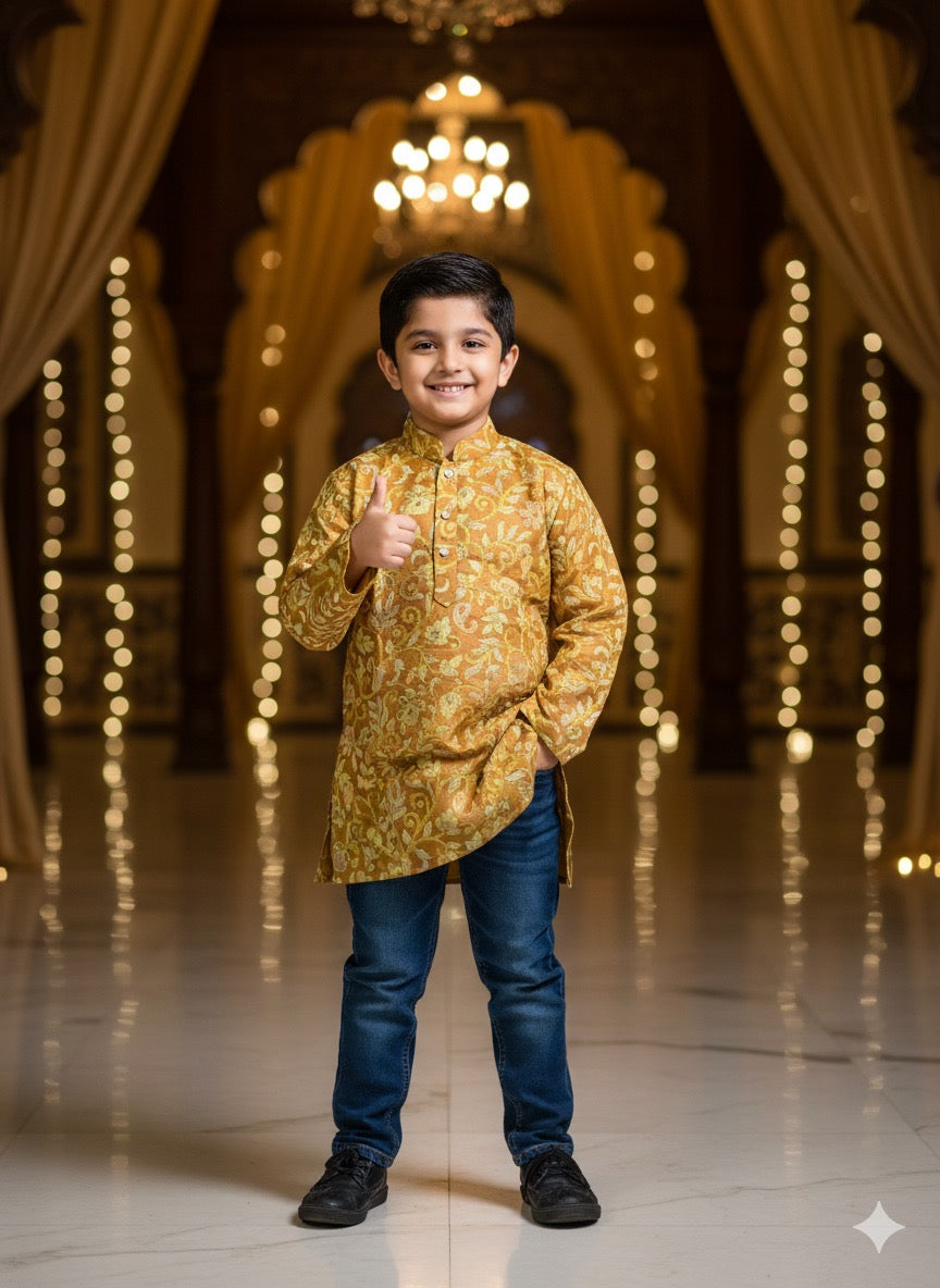 Boys Mustard Silk Kurta