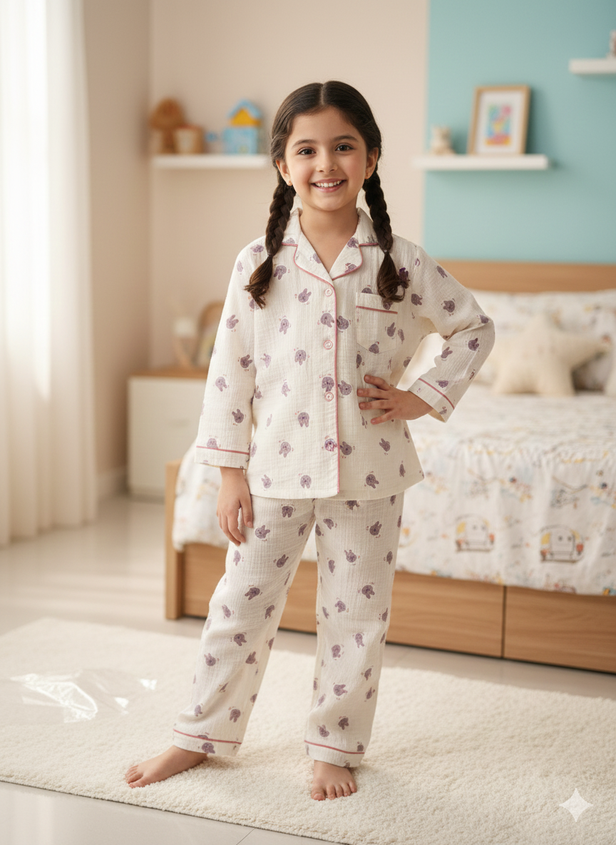 Unisex Cream Pink Rabbit Muslin Nightsuit