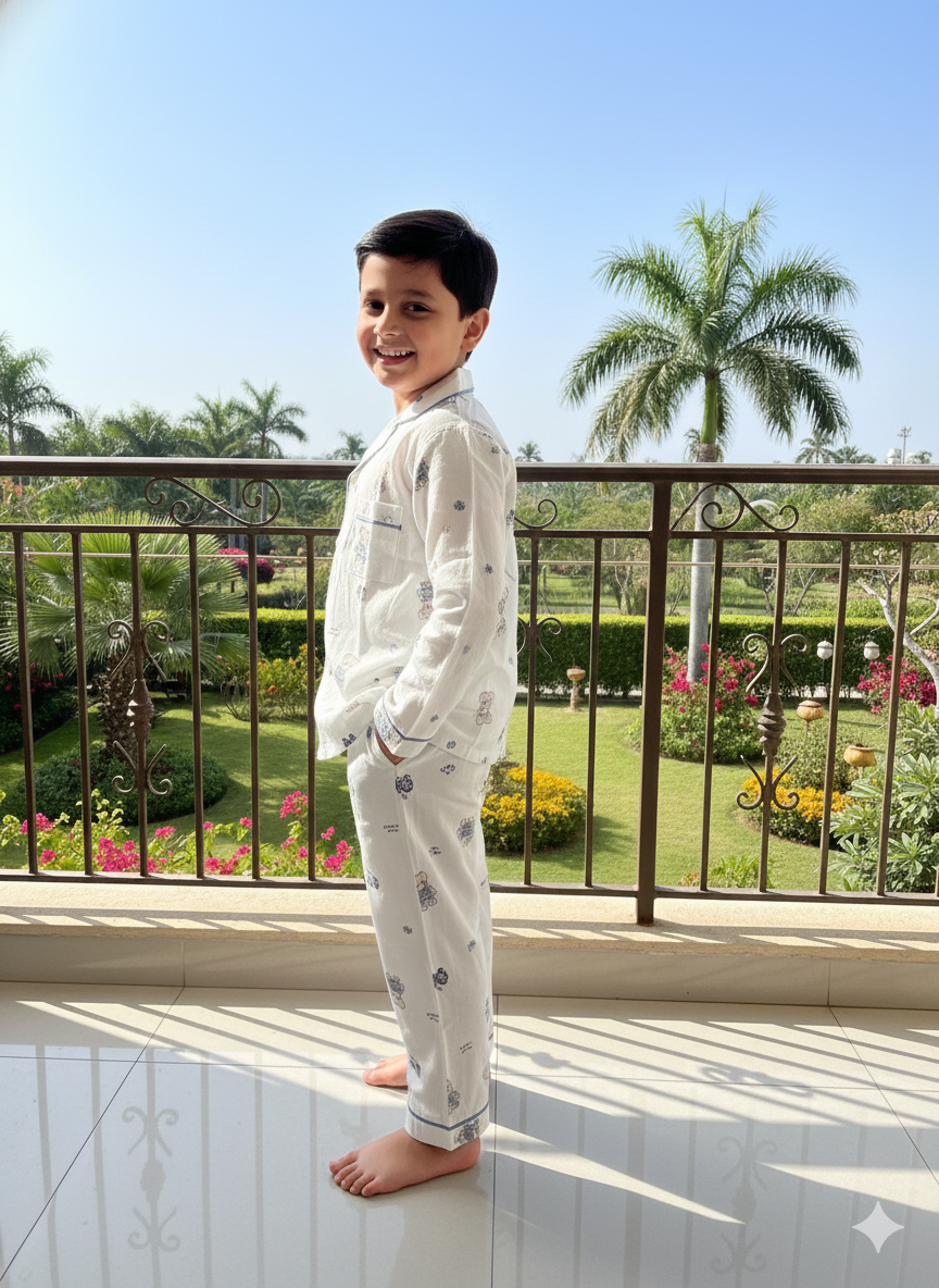 Unisex White and Blue Car Hosiery Nightsuit