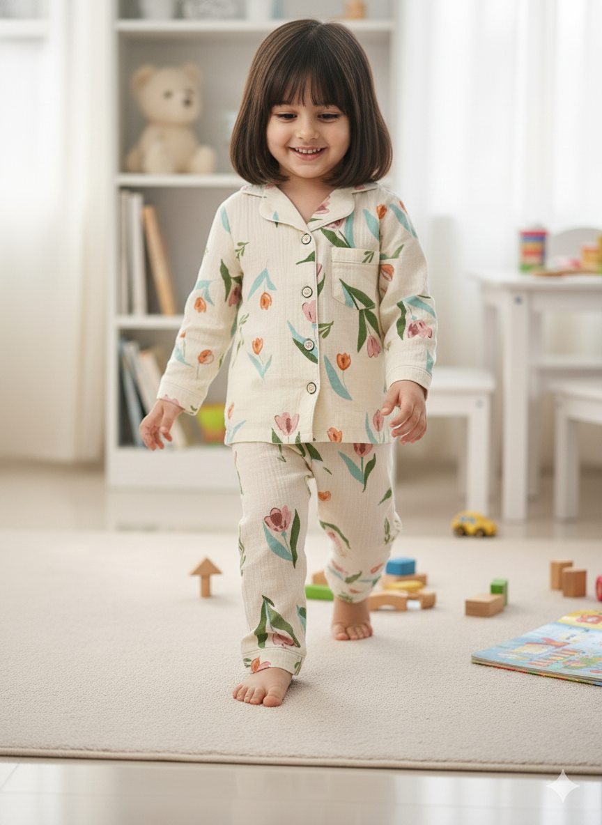 Unisex Pink Flower Full Sleeves Muslin Nightsuit