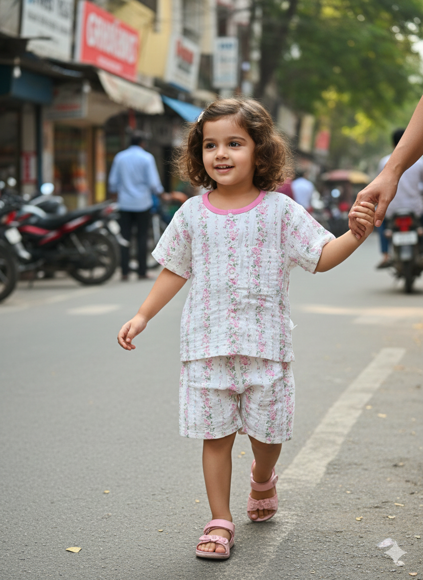 Girls Pink Flower Shorts Cords Set