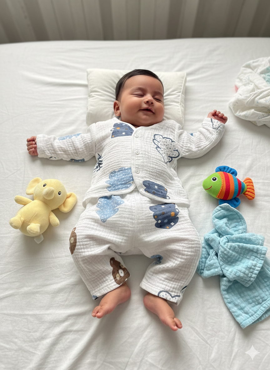 Baby White and Blue Tree Muslin Suits