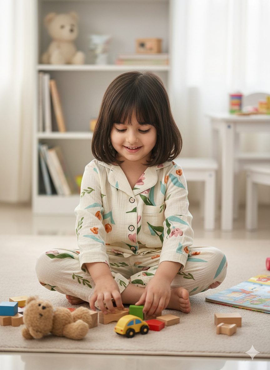 Unisex Pink Flower Full Sleeves Muslin Nightsuit