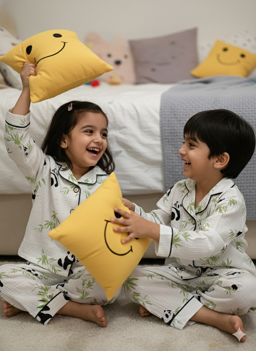 Unisex Black and White Panda Muslin Nightsuit