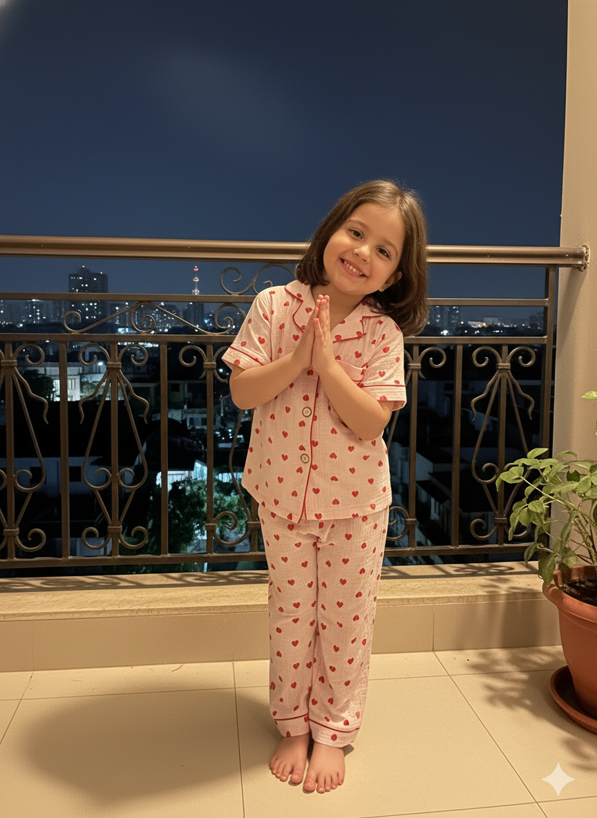 Unisex Pink Red Heart Muslin Nightsuit