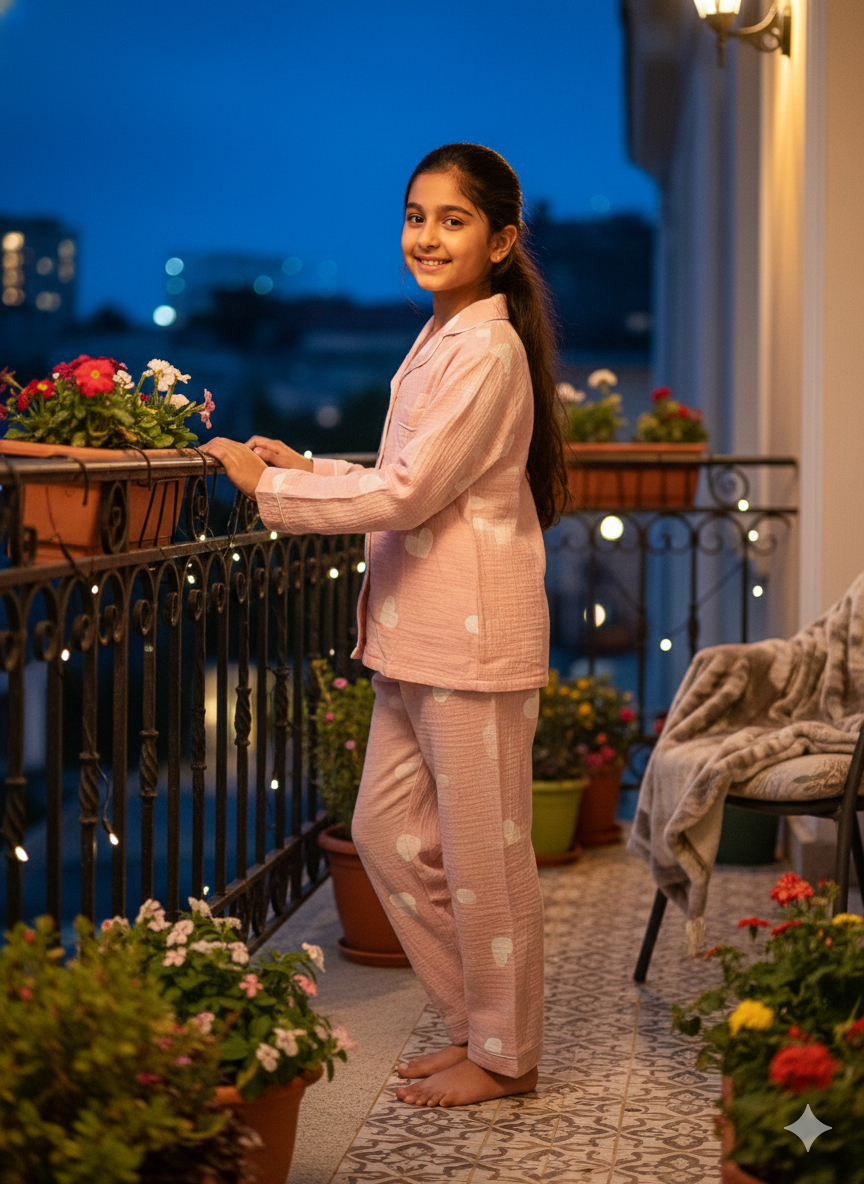 Unisex Pink White Heart Muslin Nightsuit