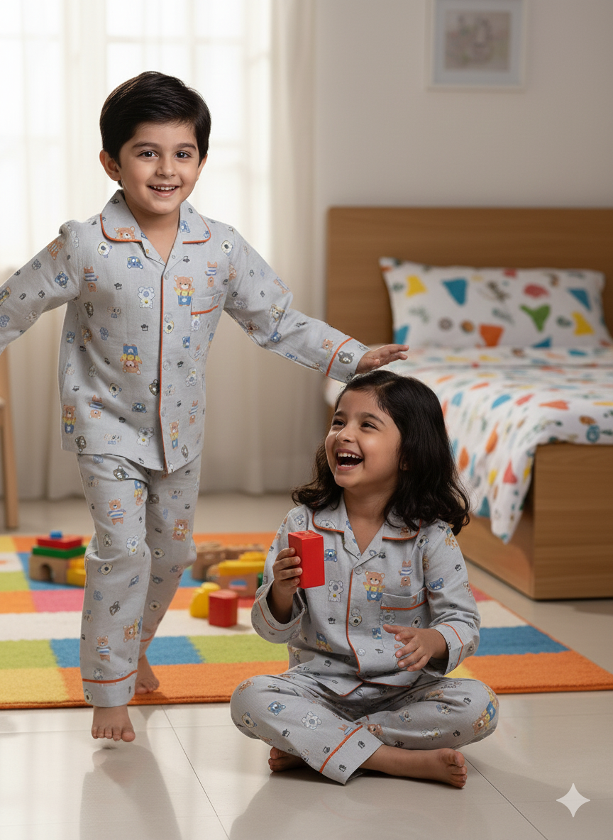 Unisex Grey Teddy Bamboo Muslin Nightsuit