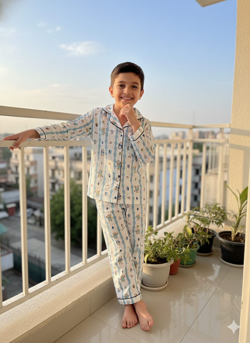 Unisex Sky Blue Teddy Cherry Muslin Nightsuit