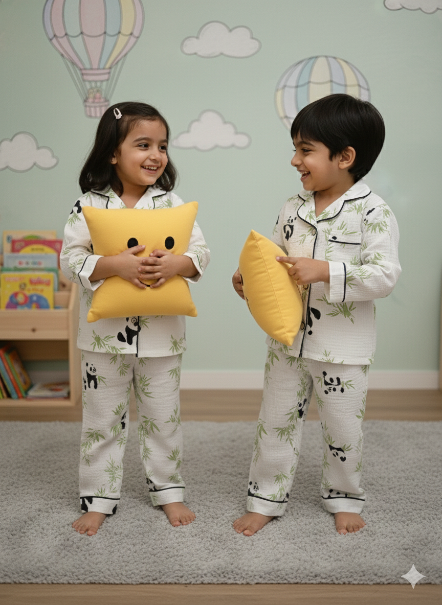 Unisex Black and White Panda Muslin Nightsuit