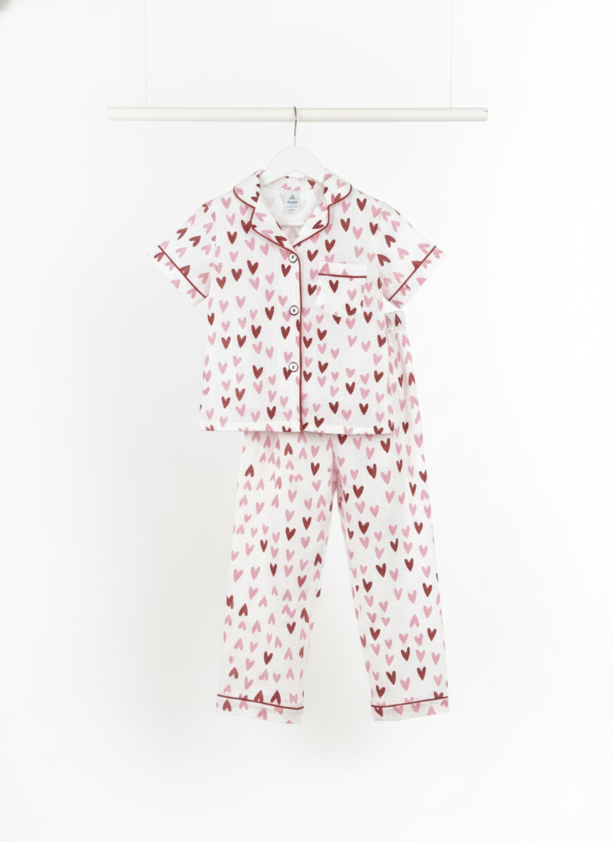 Unisex Pink and Red Heart Muslin Nightsuit