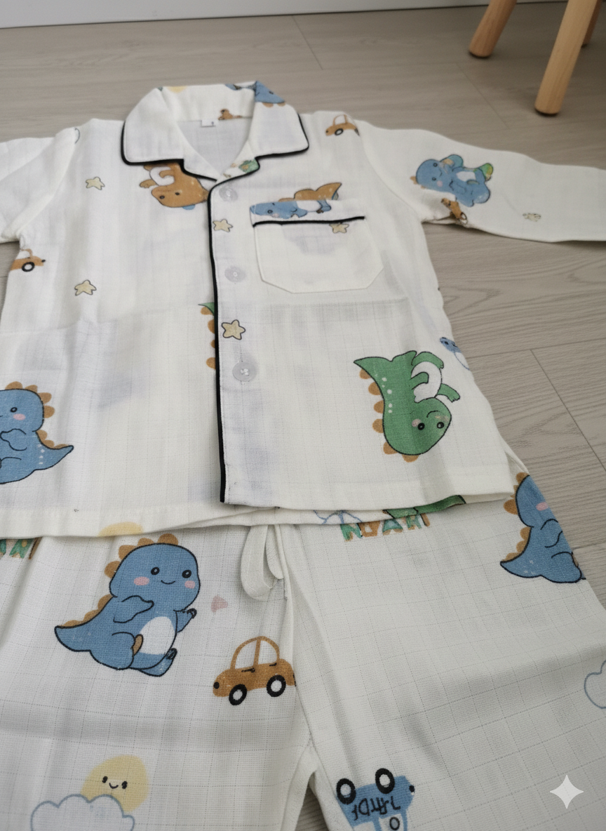 Unisex Dino Car Bamboo Muslin Nightsuit