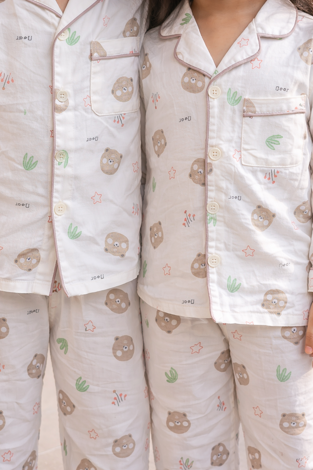 Unisex White and Brown Bear Hosiery Nightsuit