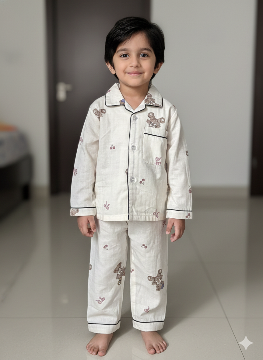 Unisex Cream Teddy Bamboo Muslin Nightsuit