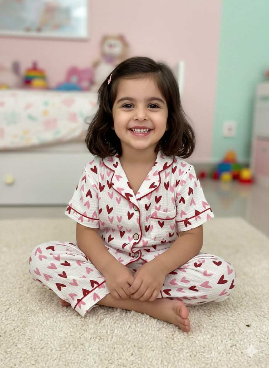 Unisex Pink and Red Heart Muslin Nightsuit