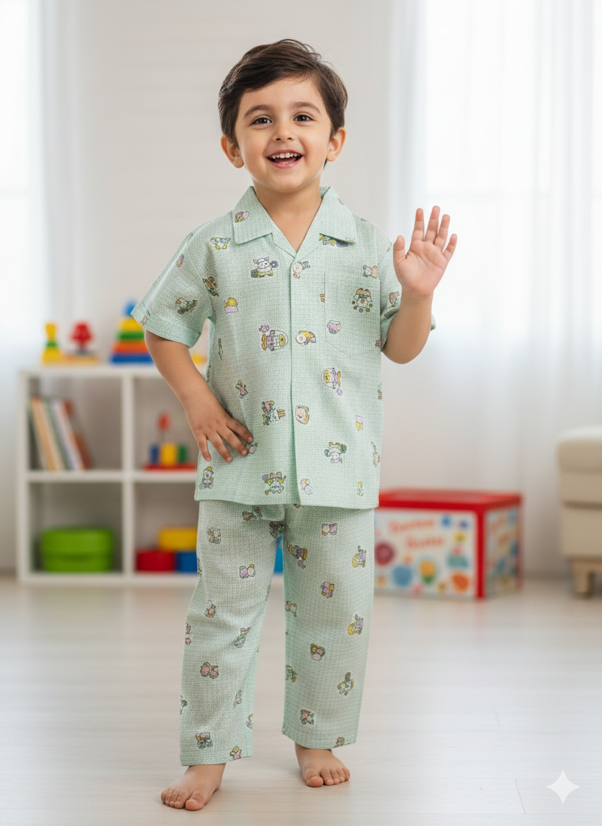 Unisex Green Teddy Cotton Nightsuit