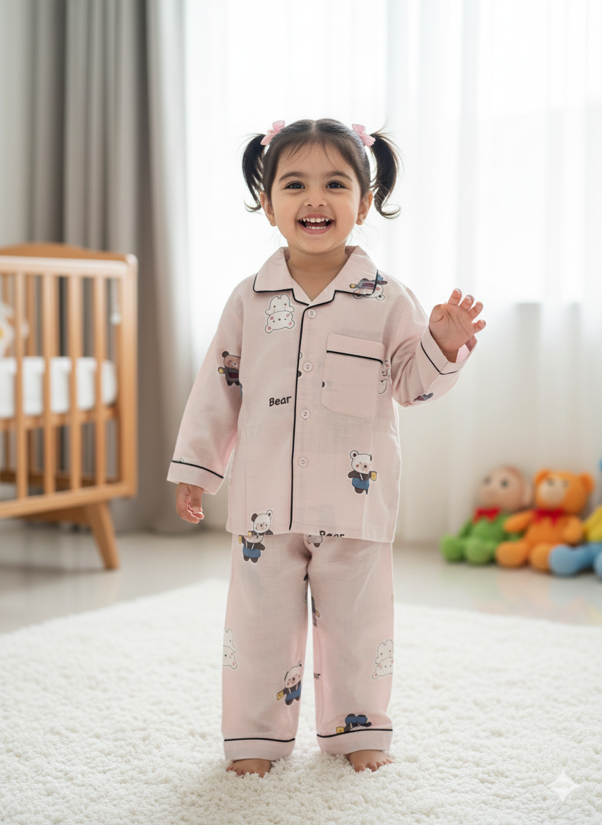 Unisex Pink Teddy Bamboo Muslin Nightsuit