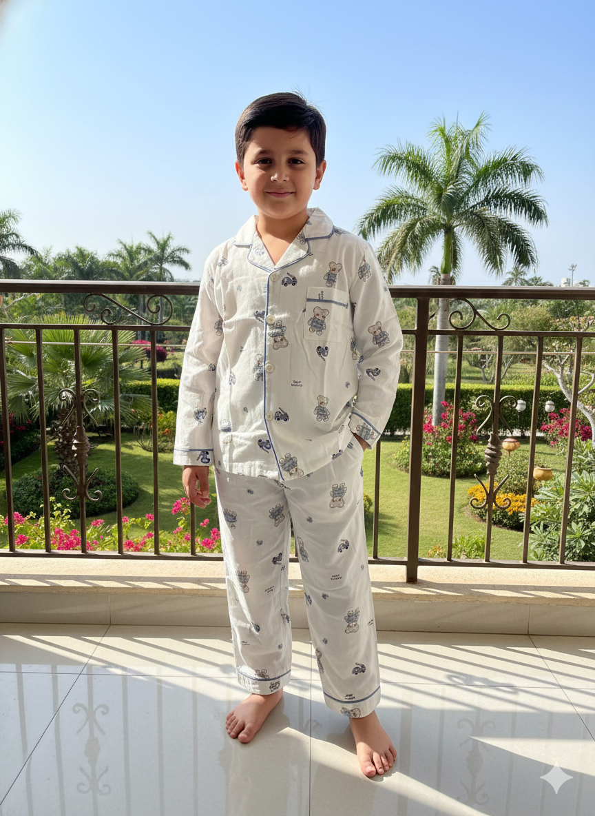 Unisex White and Blue Car Hosiery Nightsuit