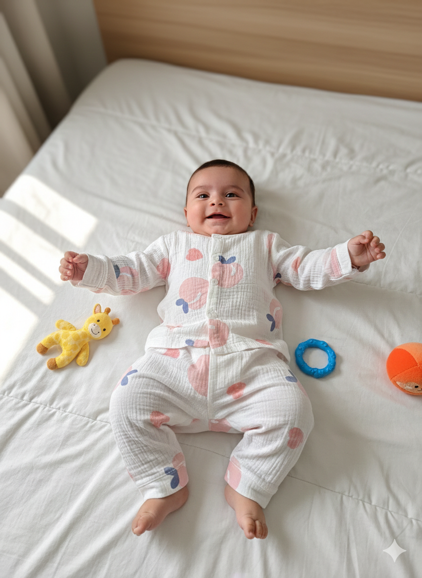 Baby Pink Cherry Heart Print Muslin Suits