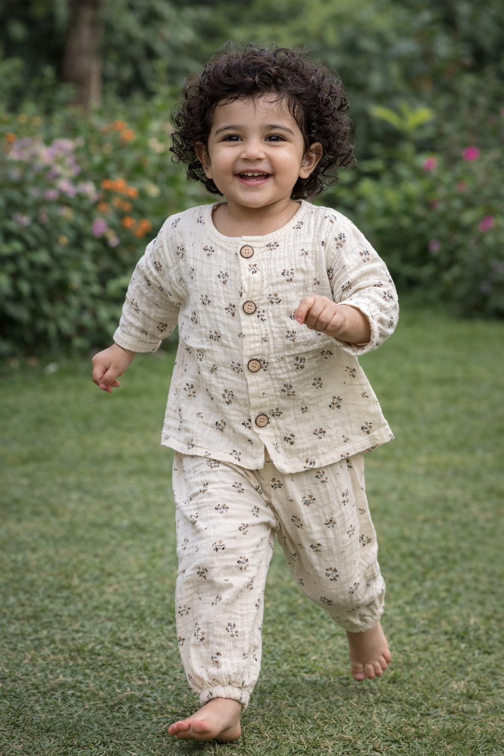 Unisex Brown Flower Leaf Muslin Nightsuit