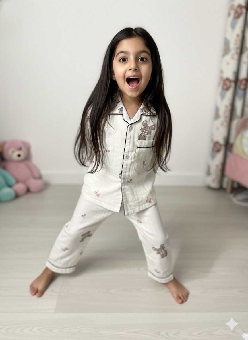 Unisex Cream Teddy Bamboo Muslin Nightsuit