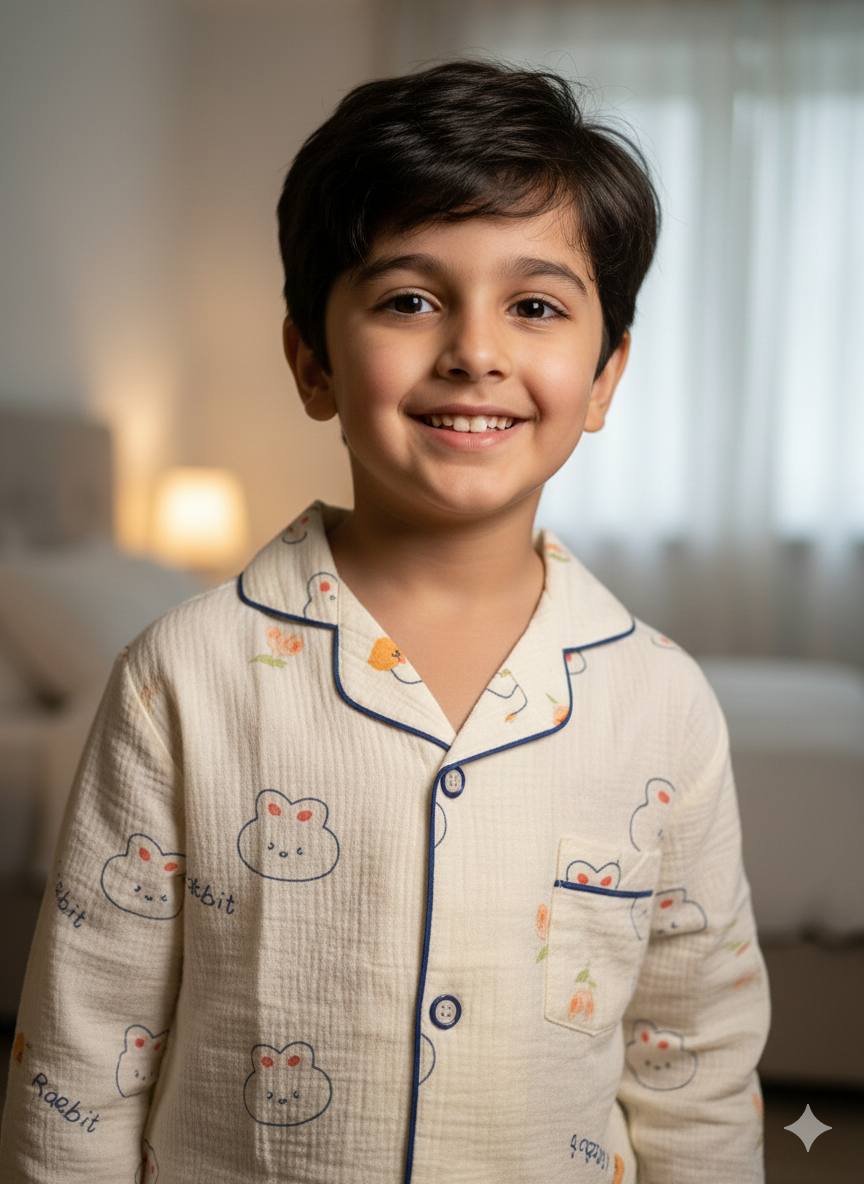 Unisex Cream Blue Rabbit Muslin Nightsuit