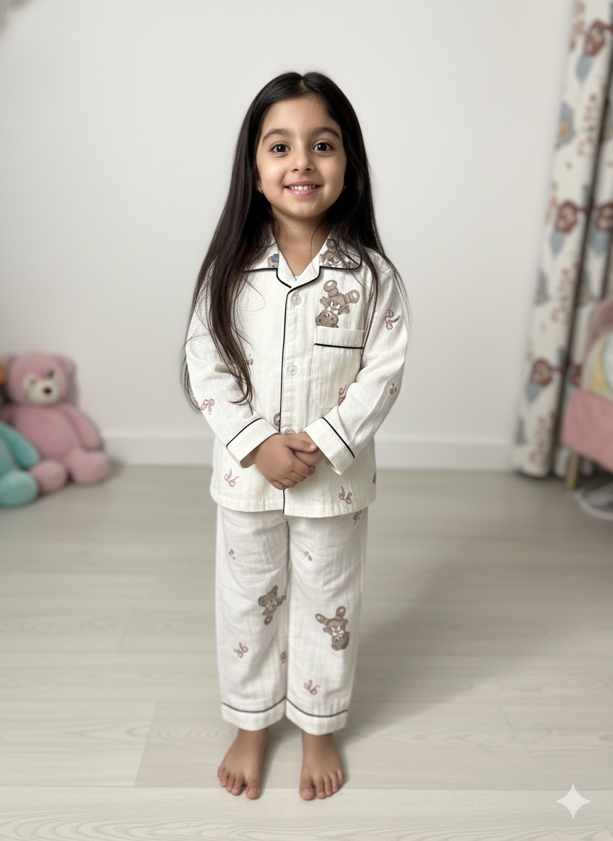 Unisex Cream Teddy Bamboo Muslin Nightsuit