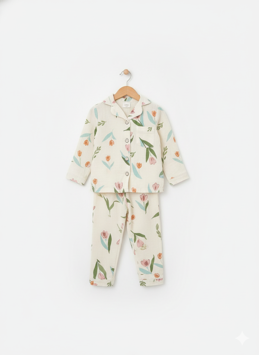 Unisex Pink Flower Full Sleeves Muslin Nightsuit