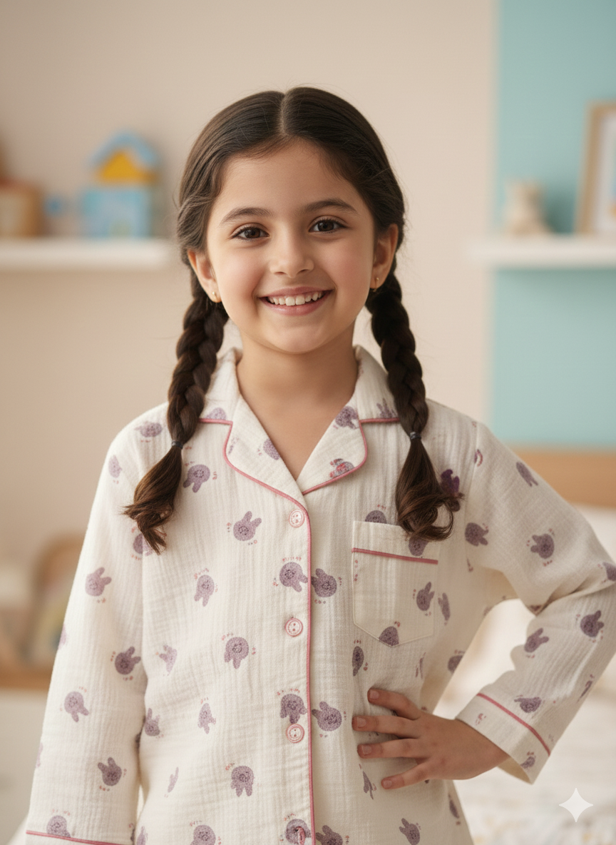 Unisex Cream Pink Rabbit Muslin Nightsuit