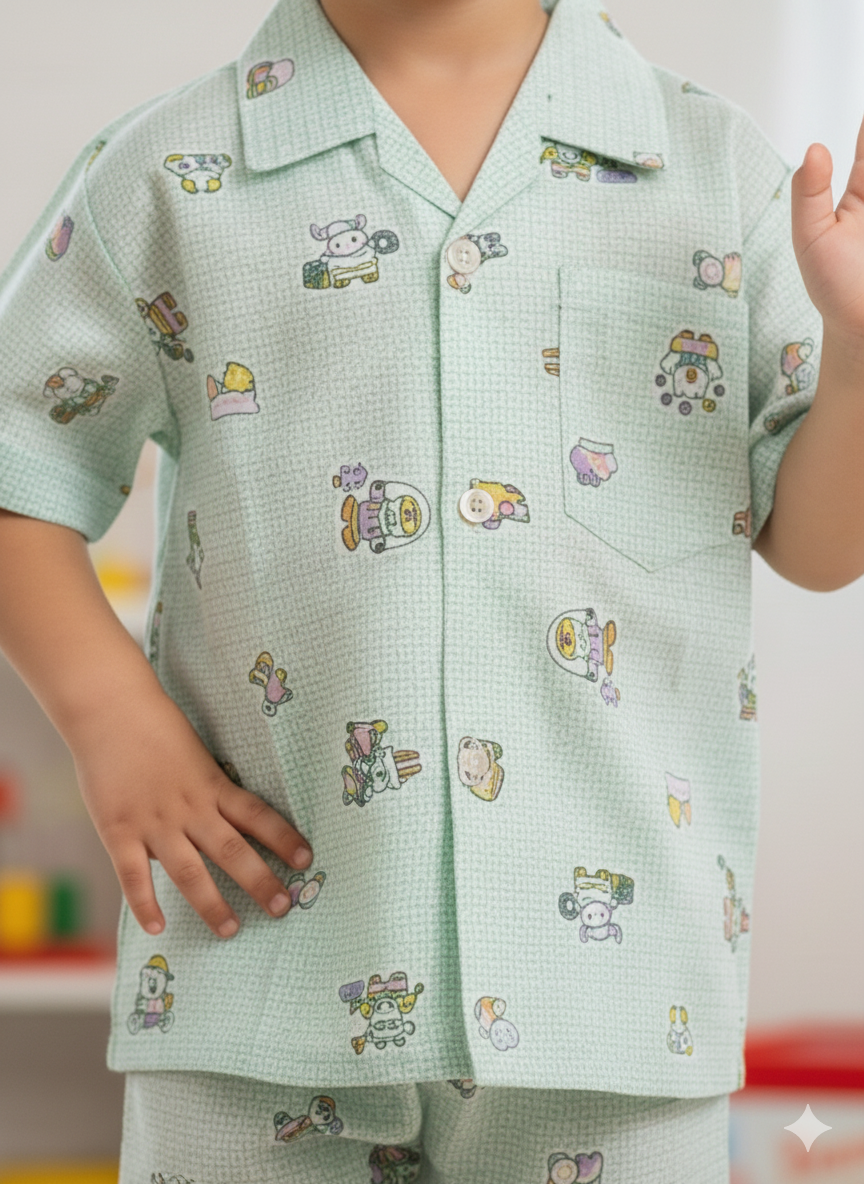 Unisex Green Teddy Cotton Nightsuit