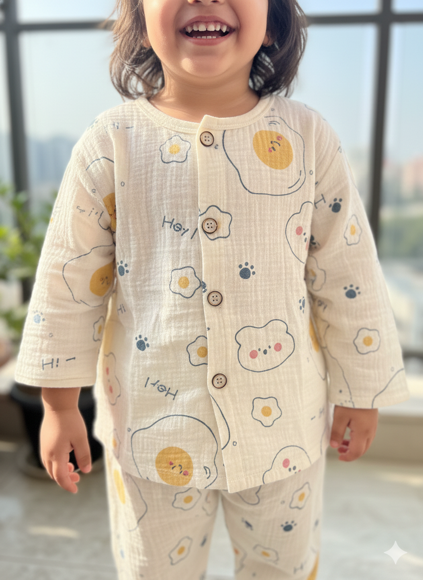 Unisex Yellow Smiley Muslin Nightsuit