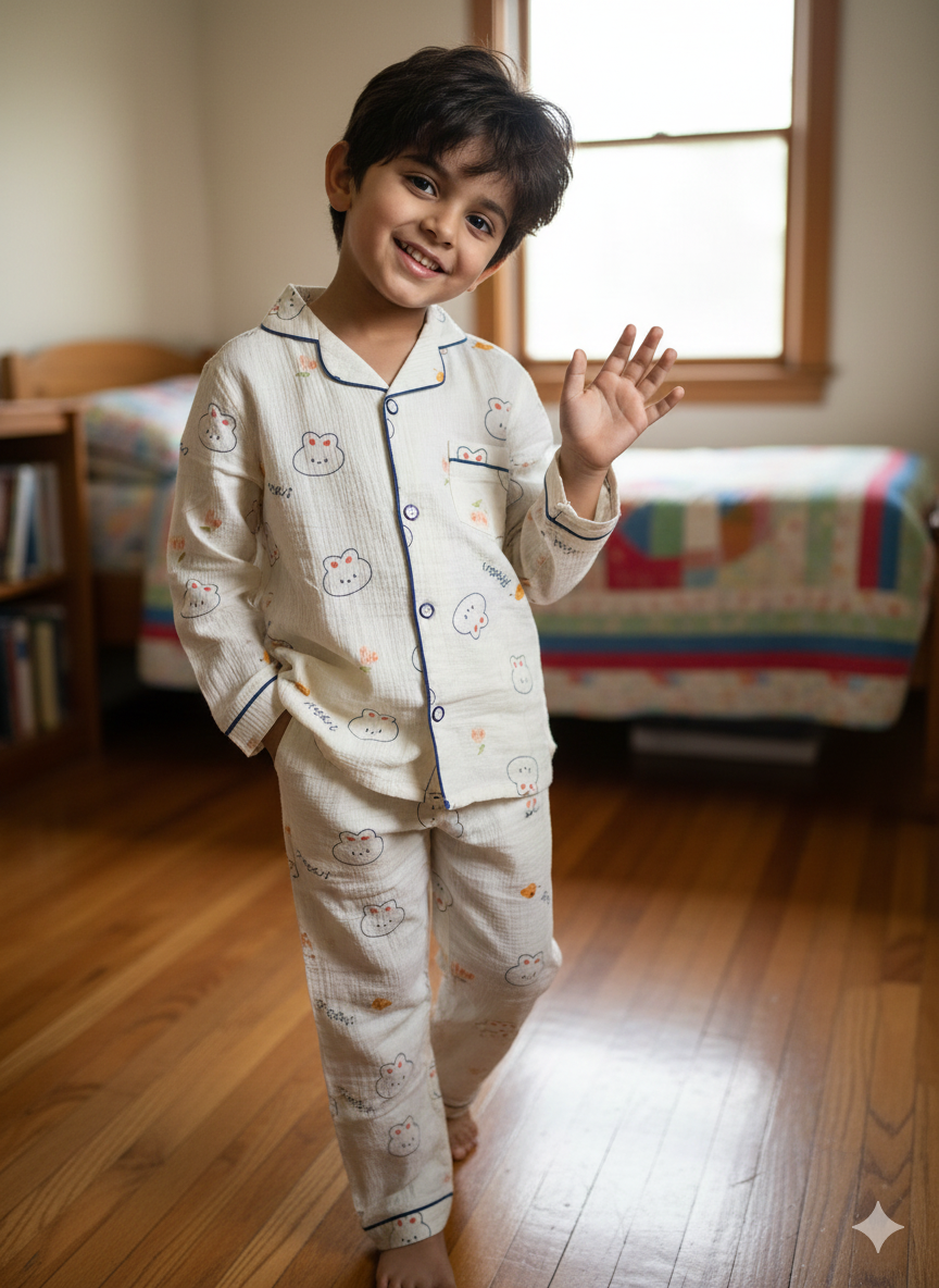 Unisex Cream Blue Rabbit Muslin Nightsuit