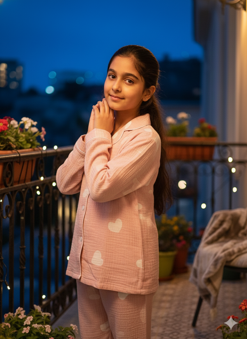 Unisex Pink White Heart Muslin Nightsuit