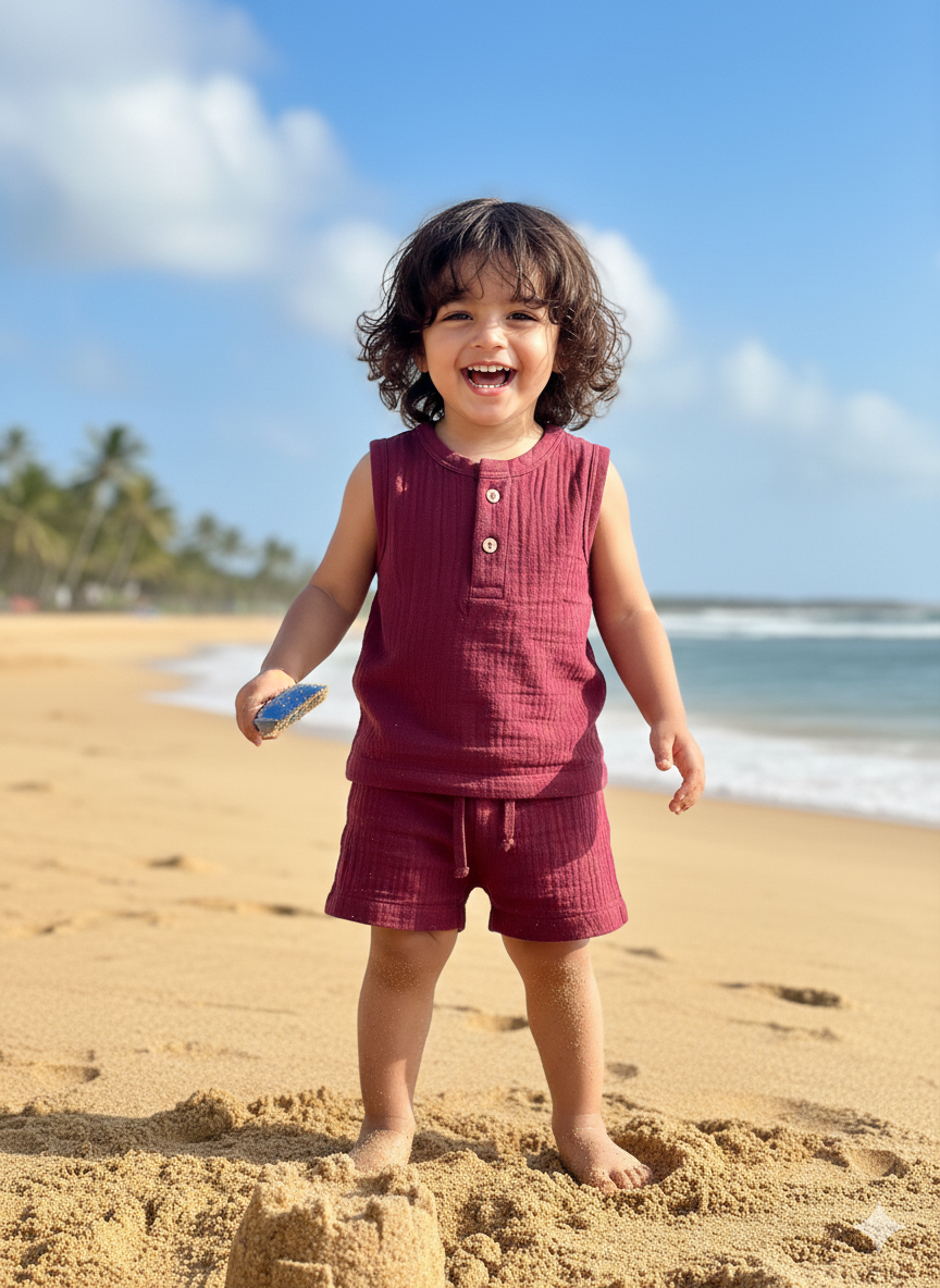 Unisex Solid Red Sleeveless Cords Sets