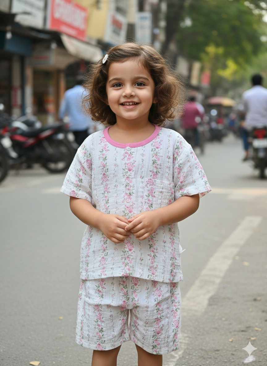 Girls Pink Flower Shorts Cords Set