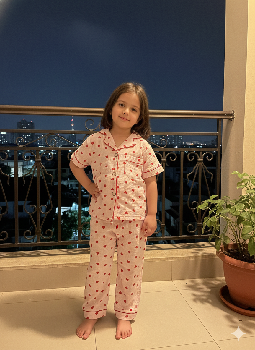 Unisex Pink Red Heart Muslin Nightsuit