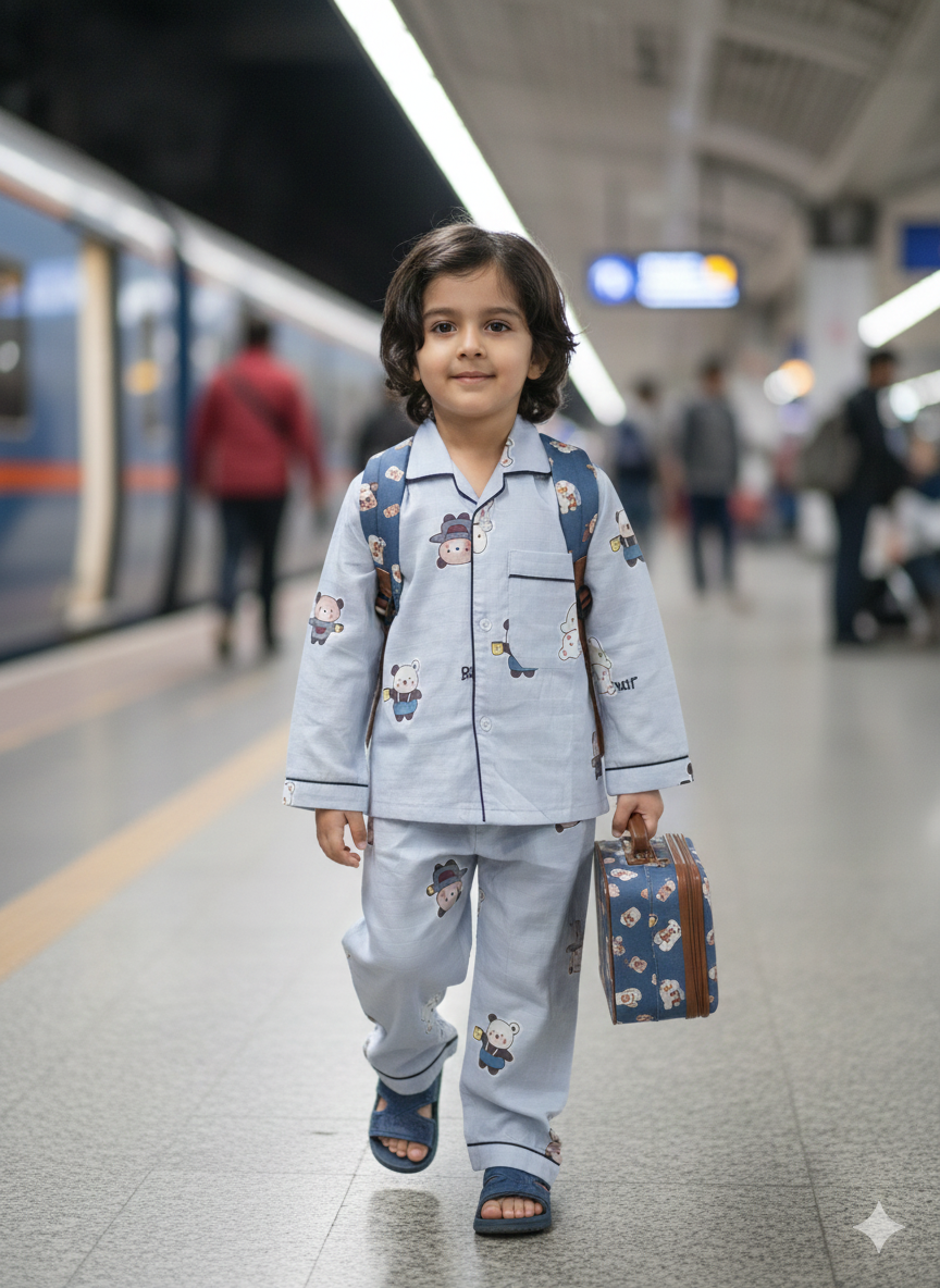 Unisex Blue Teddy Bamboo Muslin Nightsuit