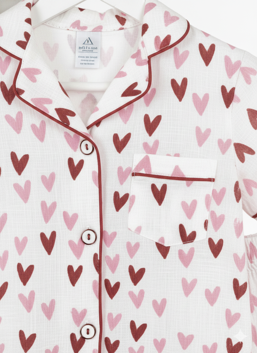 Unisex Pink and Red Heart Muslin Nightsuit