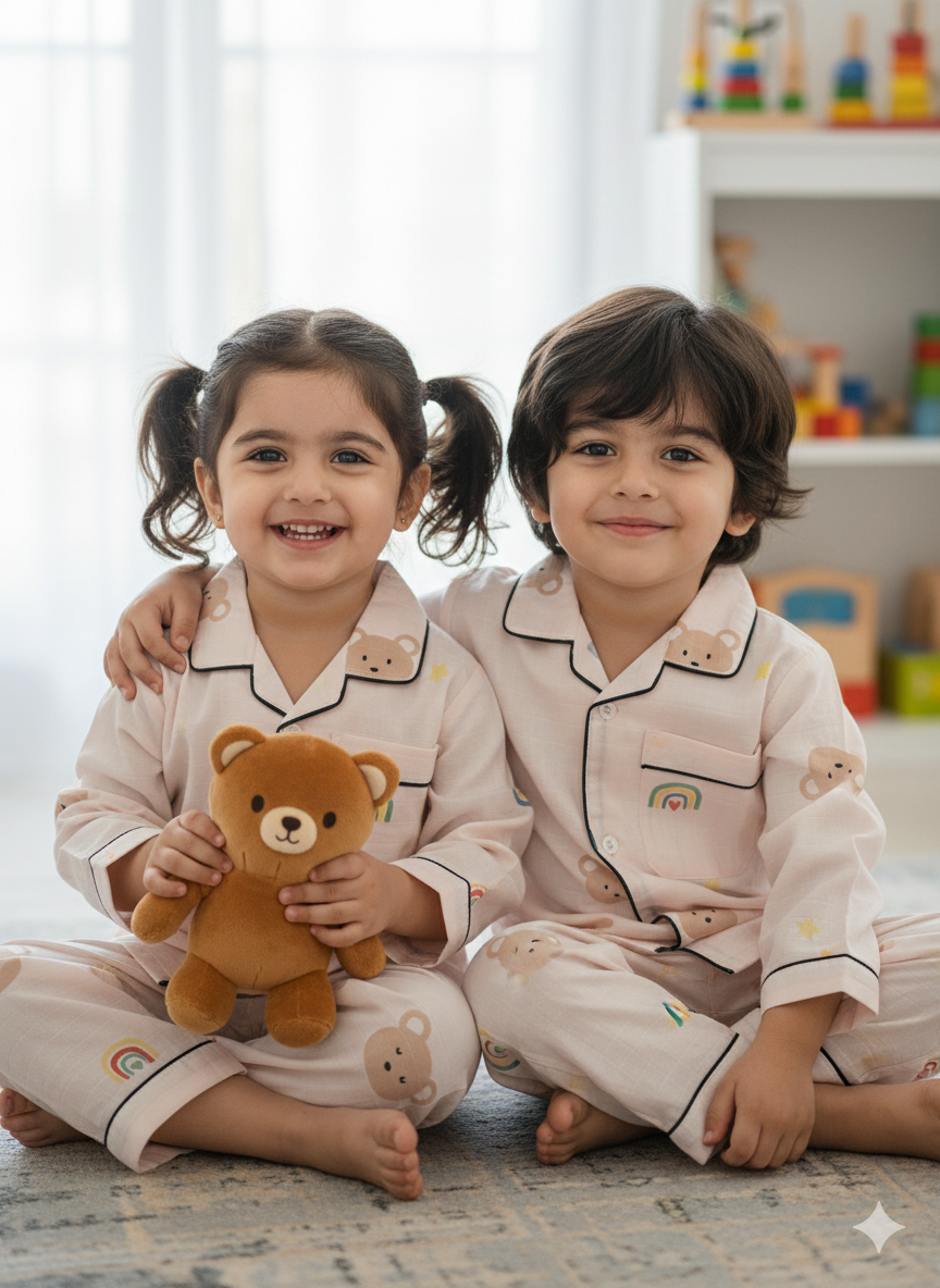 Unisex Pink Teddy Rainbow Bamboo Muslin Nightsuit