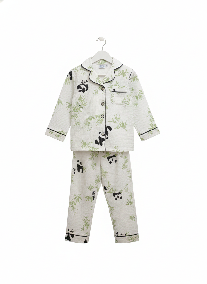 Unisex Black and White Panda Muslin Nightsuit