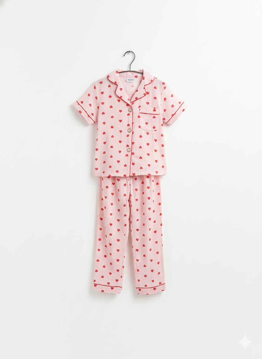 Unisex Pink Red Heart Muslin Nightsuit