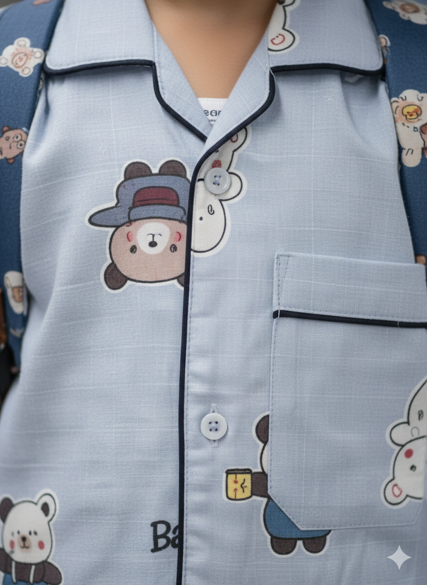 Unisex Blue Teddy Bamboo Muslin Nightsuit