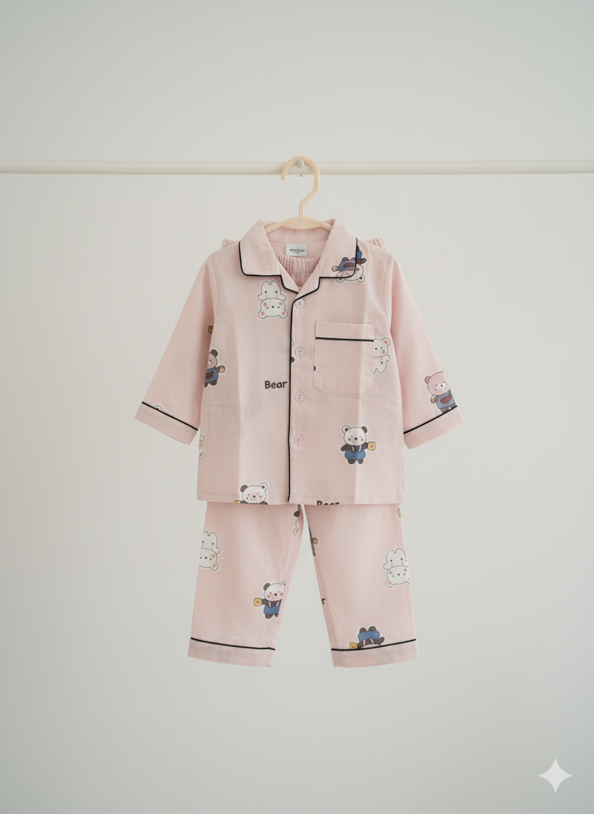 Unisex Pink Teddy Bamboo Muslin Nightsuit