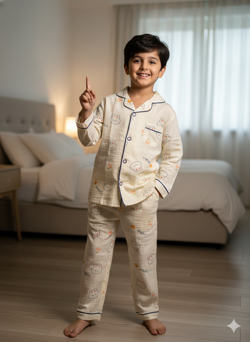 Unisex Cream Blue Rabbit Muslin Nightsuit